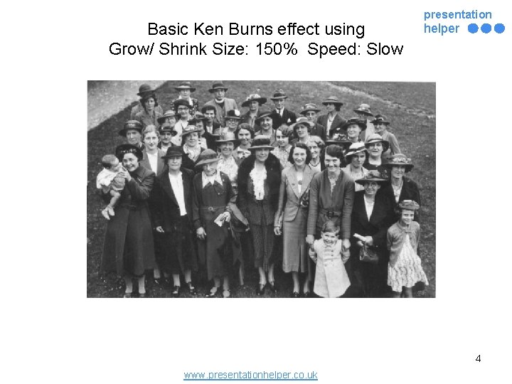 Basic Ken Burns effect using Grow/ Shrink Size: 150% Speed: Slow presentation helper 4