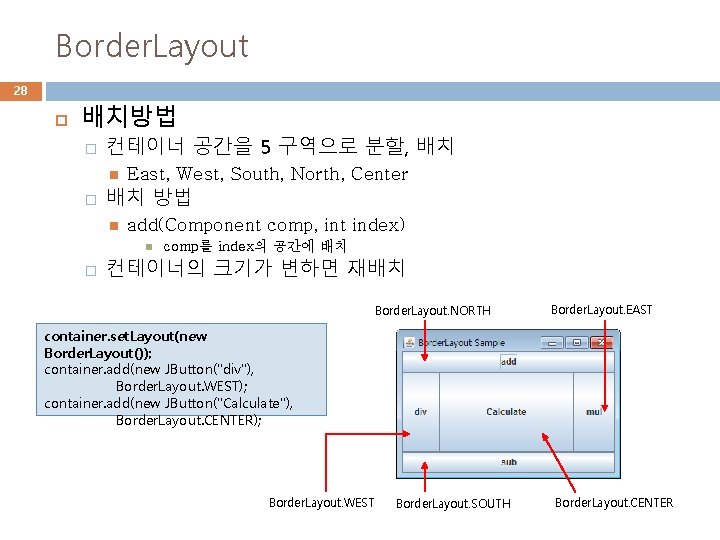 Border. Layout 28 배치방법 � 컨테이너 공간을 5 구역으로 분할, 배치 � East, West, Border. Layout 28 배치방법 � 컨테이너 공간을 5 구역으로 분할, 배치 � East, West,