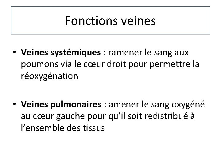 Fonctions veines • Veines systémiques : ramener le sang aux poumons via le cœur