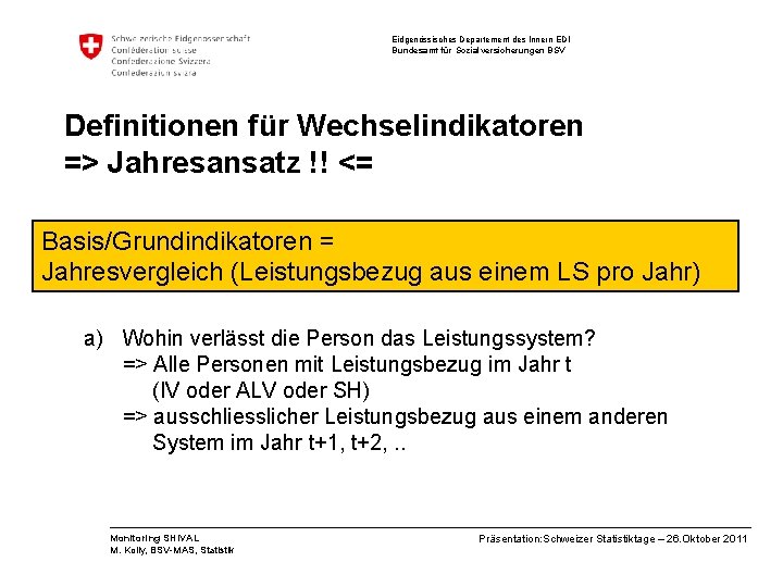 Eidgenössisches Departement des Innern EDI Bundesamt für Sozialversicherungen BSV Definitionen für Wechselindikatoren => Jahresansatz