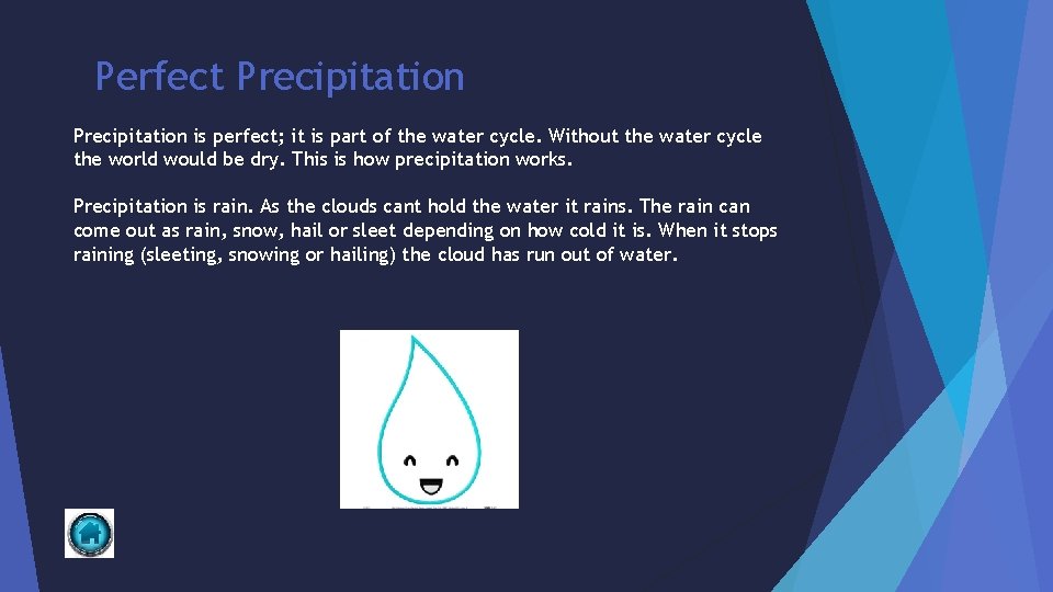 Perfect Precipitation is perfect; it is part of the water cycle. Without the water