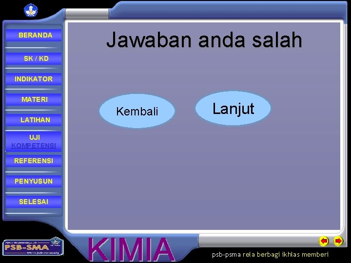 BERANDA Jawaban anda salah SK / KD INDIKATOR MATERI LATIHAN Kembali Lanjut UJI KOMPETENSI