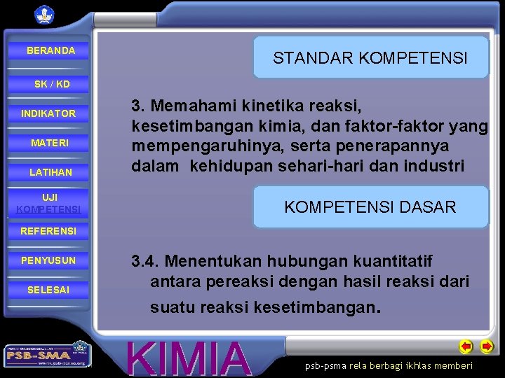 BERANDA STANDAR KOMPETENSI SK / KD INDIKATOR MATERI LATIHAN UJI KOMPETENSI 3. Memahami kinetika