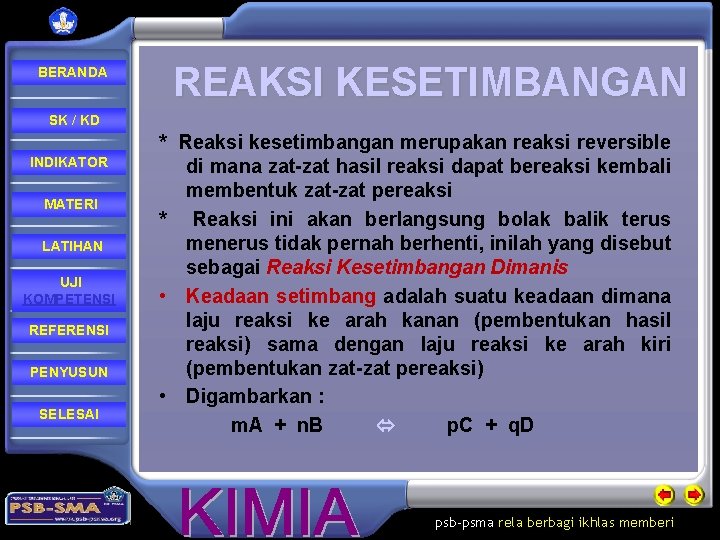 BERANDA REAKSI KESETIMBANGAN SK / KD INDIKATOR MATERI LATIHAN UJI KOMPETENSI REFERENSI PENYUSUN SELESAI