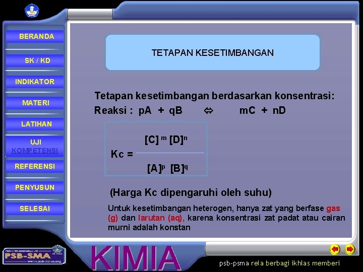 BERANDA TETAPAN KESETIMBANGAN SK / KD INDIKATOR MATERI Tetapan kesetimbangan berdasarkan konsentrasi: Reaksi :