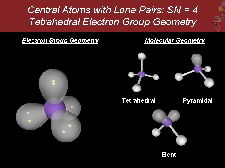 Central Atoms with Lone Pairs: SN = 4 Tetrahedral Electron Group Geometry Molecular Geometry