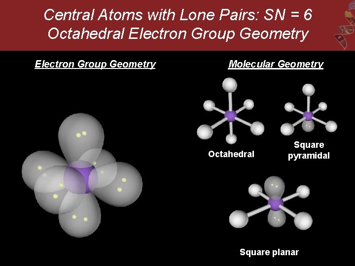 Central Atoms with Lone Pairs: SN = 6 Octahedral Electron Group Geometry Molecular Geometry