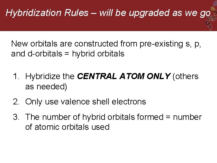 Hybridization Rules – will be upgraded as we go New orbitals are constructed from