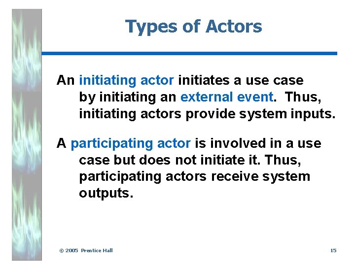 Types of Actors An initiating actor initiates a use case by initiating an external