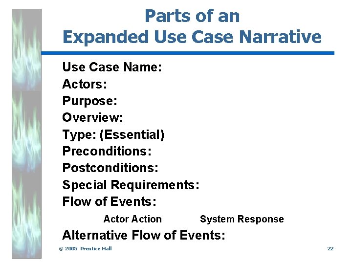 Parts of an Expanded Use Case Narrative Use Case Name: Actors: Purpose: Overview: Type: