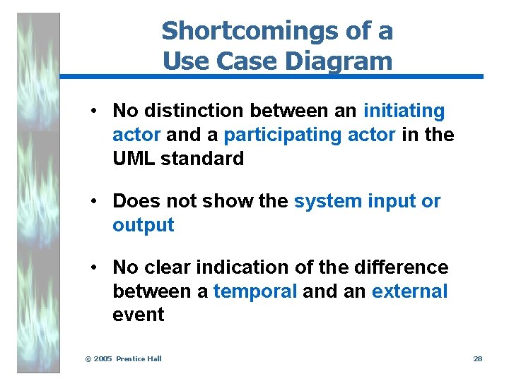 Shortcomings of a Use Case Diagram • No distinction between an initiating actor and