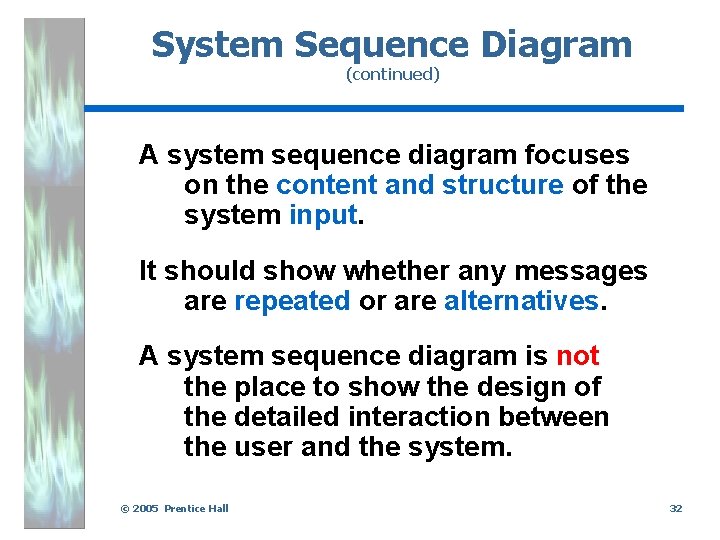 System Sequence Diagram (continued) A system sequence diagram focuses on the content and structure