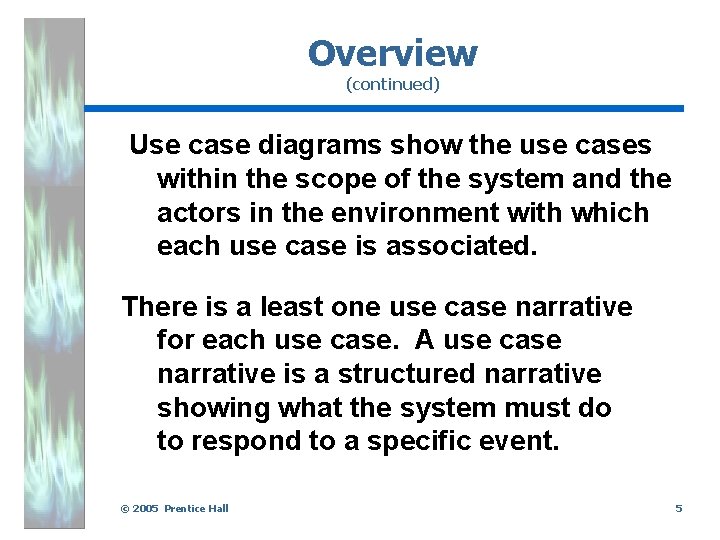 Overview (continued) Use case diagrams show the use cases within the scope of the