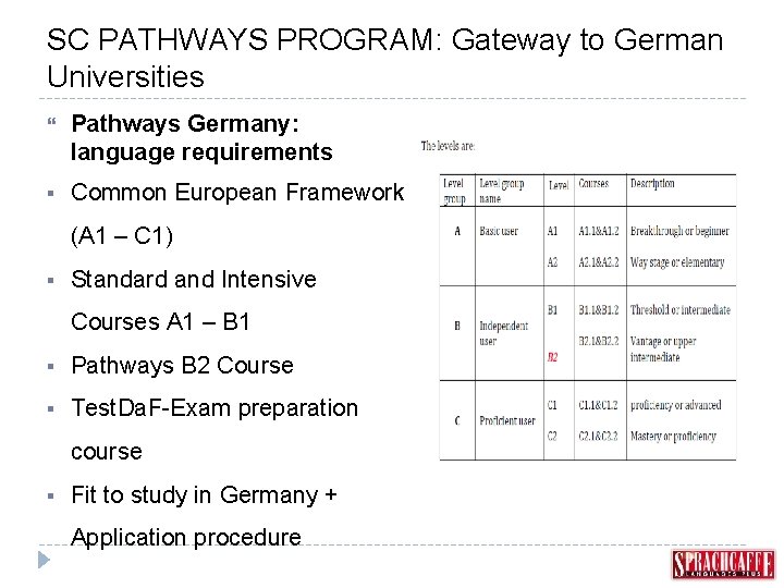 SC PATHWAYS PROGRAM: Gateway to German Universities Pathways Germany: language requirements § Common European