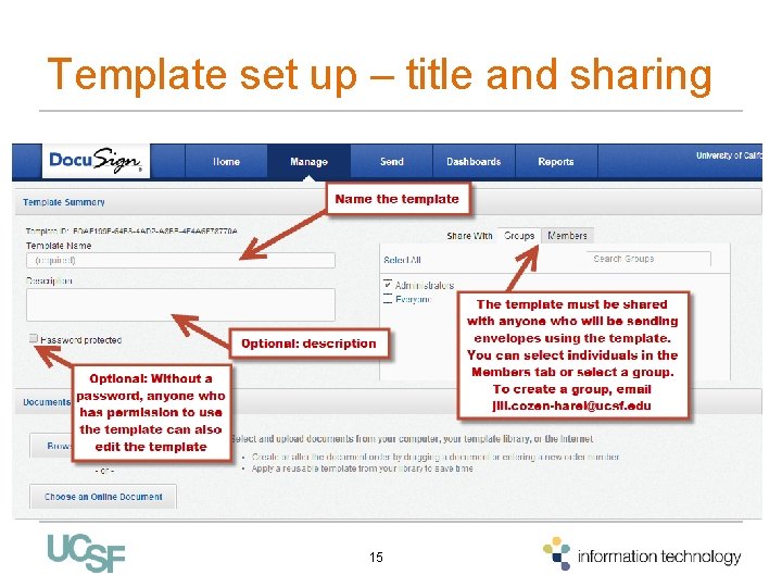 Template set up – title and sharing 15 Template set up – title and sharing 15