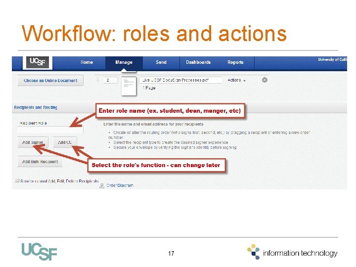 Workflow: roles and actions 17 Workflow: roles and actions 17