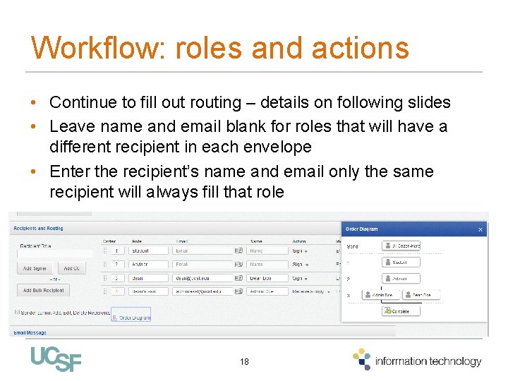 Workflow: roles and actions • Continue to fill out routing – details on following Workflow: roles and actions • Continue to fill out routing – details on following