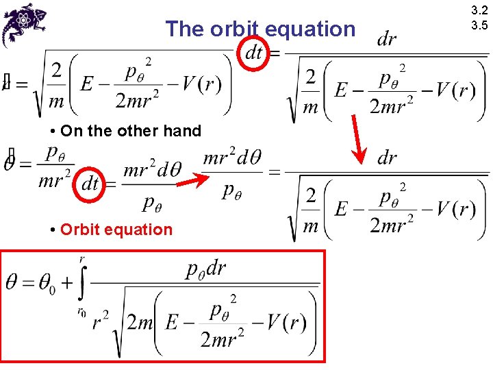 The orbit equation • On the other hand • Orbit equation 3. 2 3.