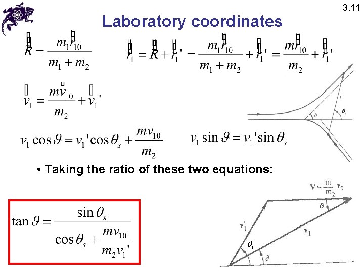 Laboratory coordinates • Taking the ratio of these two equations: 3. 11 