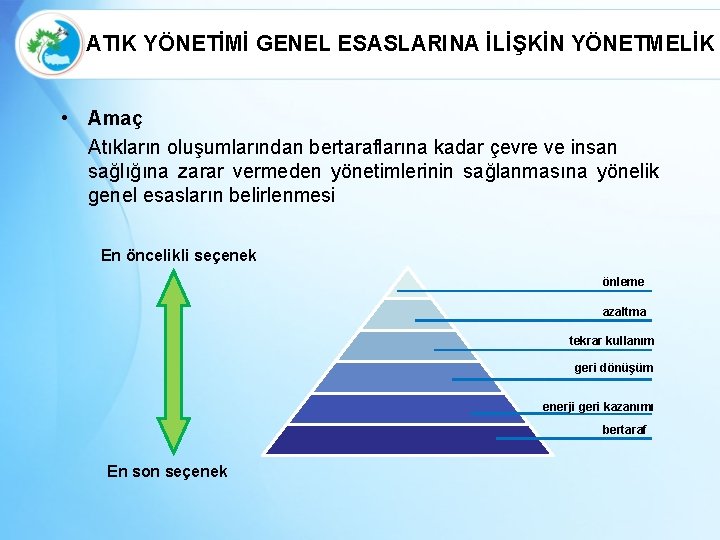 ATIK YÖNETİMİ GENEL ESASLARINA İLİŞKİN YÖNETMELİK • Amaç Atıkların oluşumlarından bertaraflarına kadar çevre ve