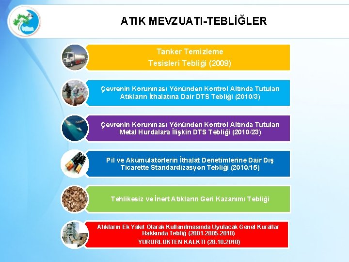 ATIK MEVZUATI-TEBLİĞLER Tanker Temizleme Tesisleri Tebliği (2009) Çevrenin Korunması Yönünden Kontrol Altında Tutulan Atıkların