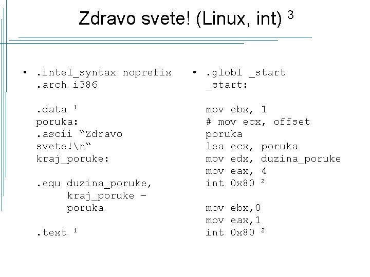 Zdravo svete! (Linux, int) 3 • . intel_syntax noprefix. arch i 386. data 1