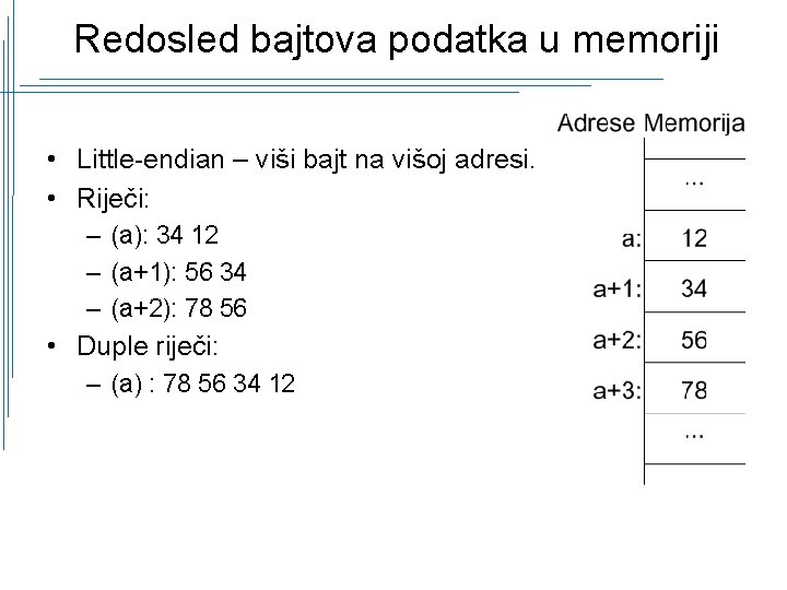 Redosled bajtova podatka u memoriji • Little-endian – viši bajt na višoj adresi. •