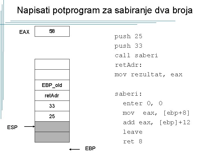 Napisati potprogram za sabiranje dva broja EAX 58 ? push 25 push 33 call