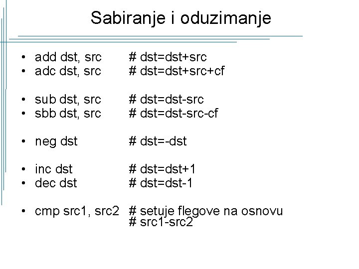 Sabiranje i oduzimanje • add dst, src • adc dst, src # dst=dst+src+cf •