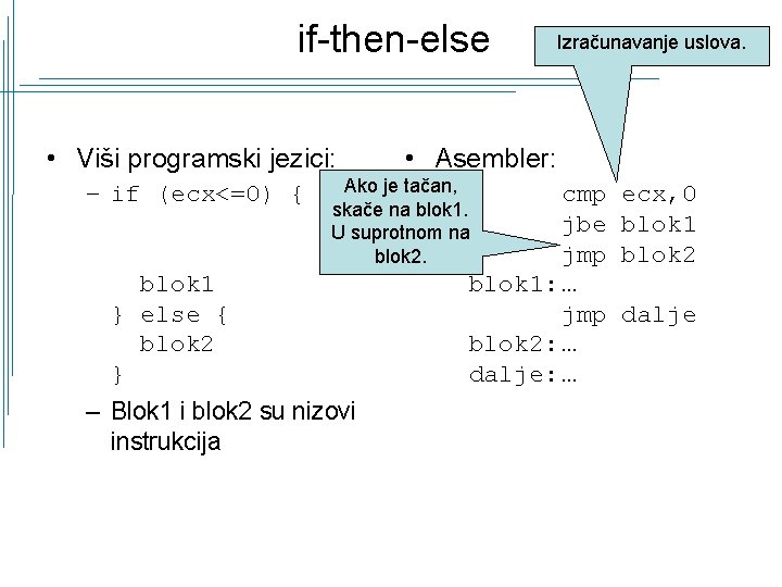 if-then-else • Viši programski jezici: – if (ecx<=0) { • Asembler: Ako je tačan,