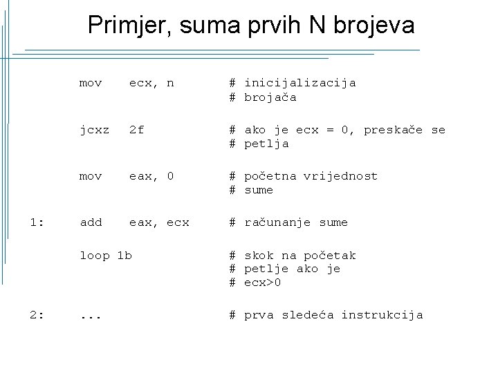 Primjer, suma prvih N brojeva 1: 2: mov ecx, n # inicijalizacija # brojača