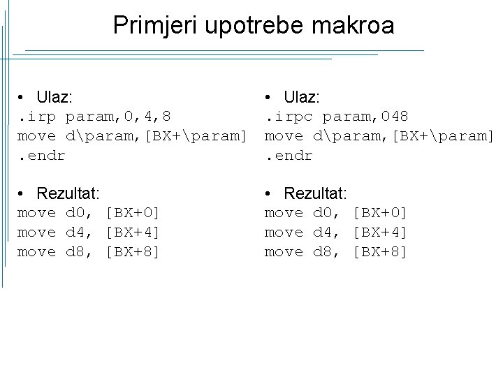 Primjeri upotrebe makroa • Ulaz: . irp param, 0, 4, 8 move dparam, [BX+param].