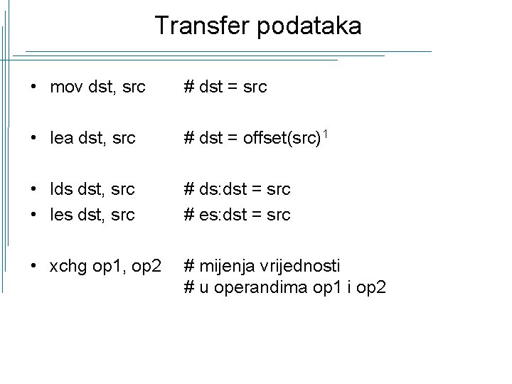 Transfer podataka • mov dst, src # dst = src • lea dst, src