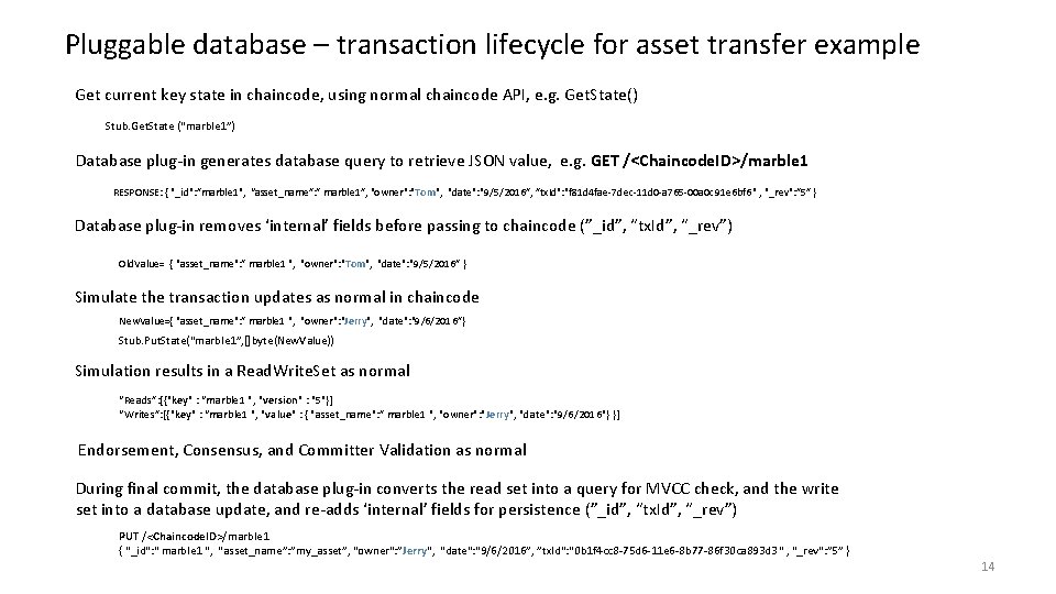 Pluggable database – transaction lifecycle for asset transfer example Get current key state in