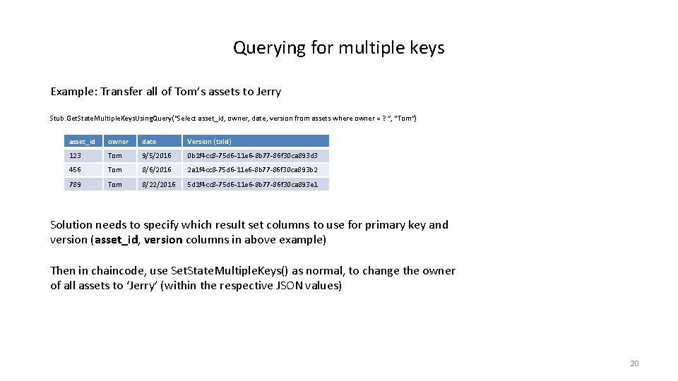 Querying for multiple keys Example: Transfer all of Tom’s assets to Jerry Stub. Get.