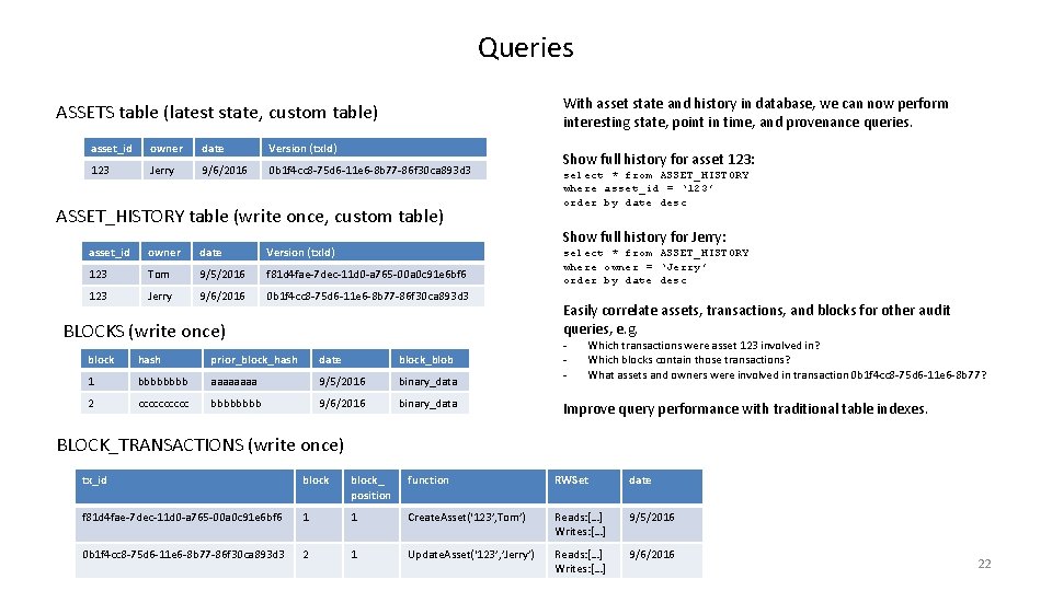 Queries With asset state and history in database, we can now perform interesting state,