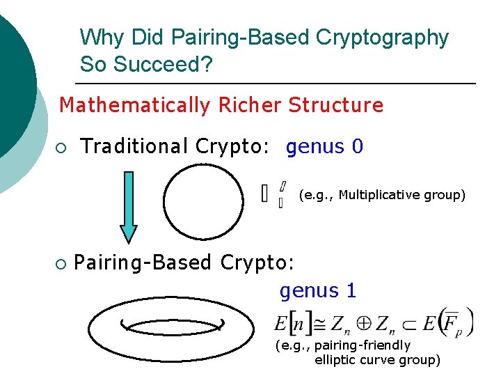 Why Did Pairing-Based Cryptography So Succeed? Mathematically Richer Structure ¡ Traditional Crypto: genus 0
