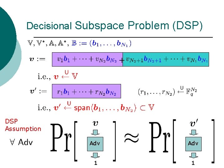 Decisional Subspace Problem (DSP) DSP Assumption Adv 1 1 