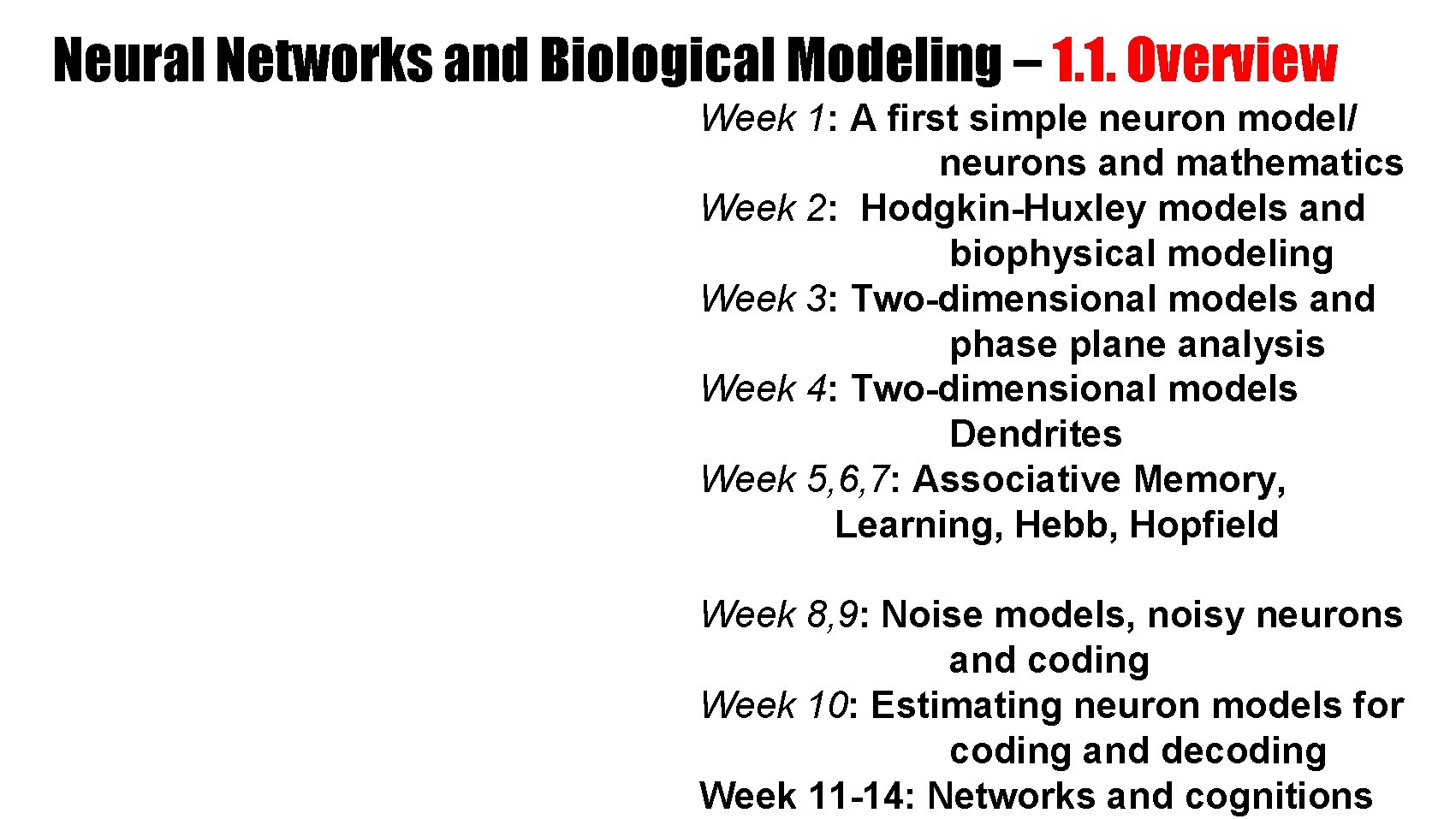 Neural Networks and Biological Modeling – 1. 1. Overview action potential Week 1: A
