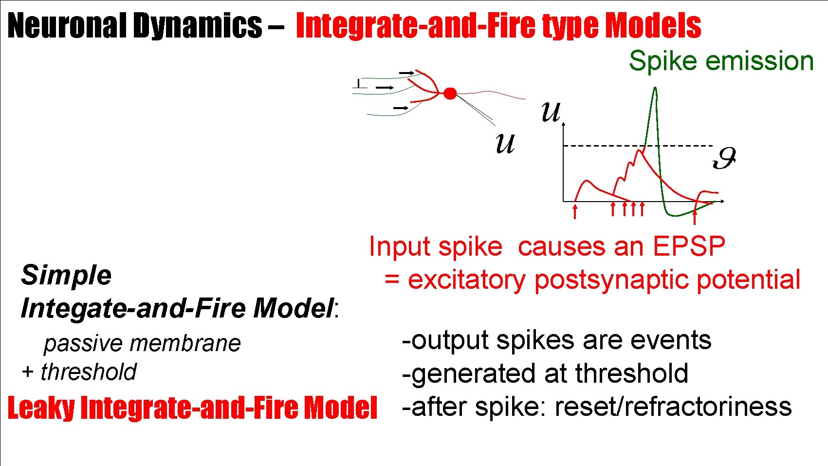 Neuronal Dynamics – Integrate-and-Fire type Models Spike emission Simple Integate-and-Fire Model: Input spike causes