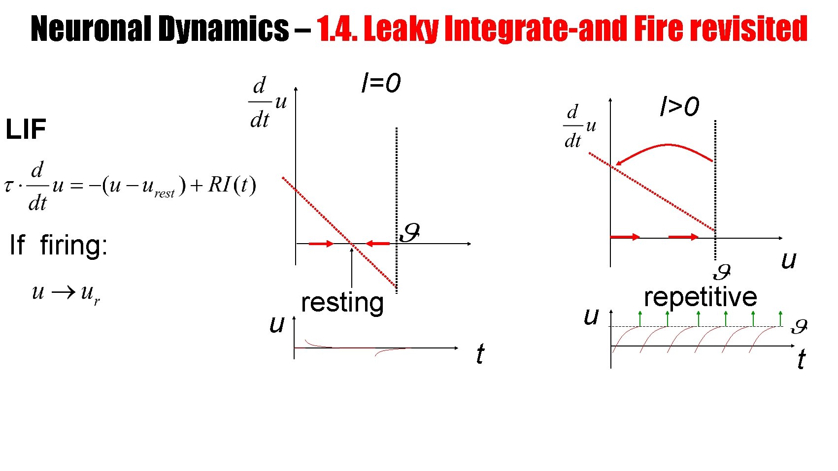 Neuronal Dynamics – 1. 4. Leaky Integrate-and Fire revisited I=0 I>0 LIF If firing: