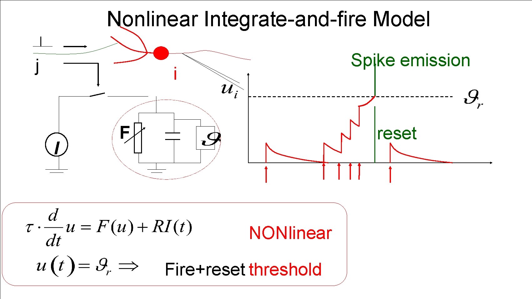 Nonlinear Integrate-and-fire Model j Spike emission i I F reset NONlinear Fire+reset threshold 
