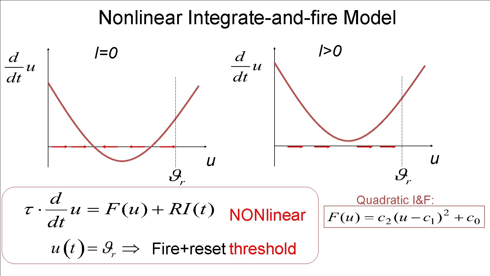 Nonlinear Integrate-and-fire Model I>0 I=0 u u NONlinear Fire+reset threshold Quadratic I&F: 