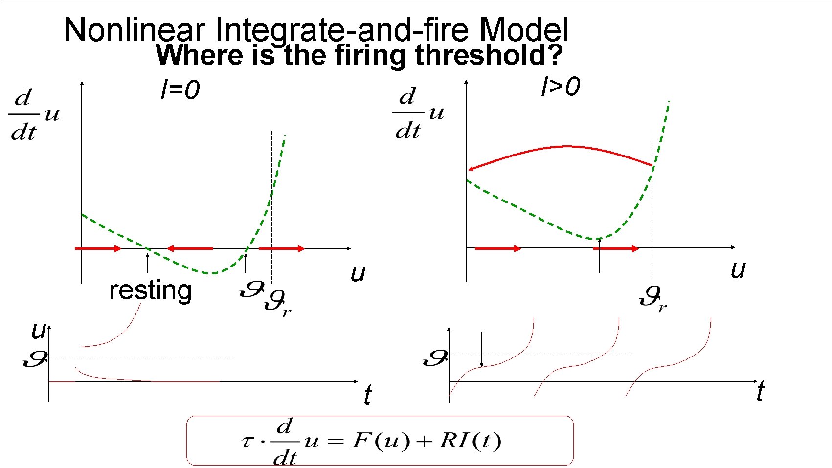 Nonlinear Integrate-and-fire Model Where is the firing threshold? I>0 I=0 resting u u u
