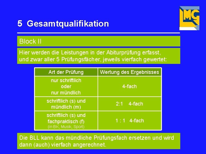 5 Gesamtqualifikation _________________ Block II Hier werden die Leistungen in der Abiturprüfung erfasst, und