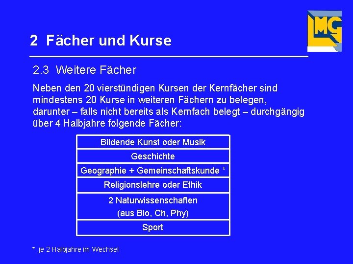 2 Fächer und Kurse _________________ 2. 3 Weitere Fächer Neben den 20 vierstündigen Kursen