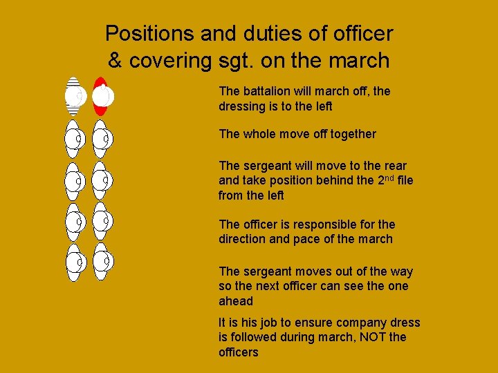 Positions and duties of officer & covering sgt. on the march The battalion will