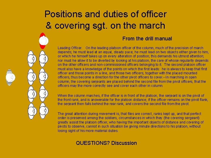 Positions and duties of officer & covering sgt. on the march From the drill