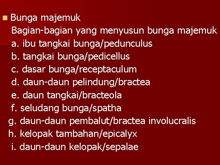 n Bunga majemuk Bagian-bagian yang menyusun bunga majemuk a. ibu tangkai bunga/pedunculus b. tangkai