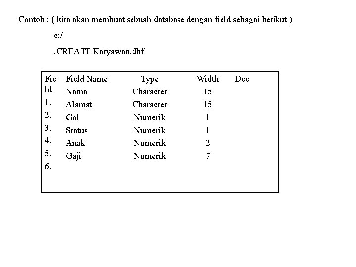 Contoh : ( kita akan membuat sebuah database dengan field sebagai berikut ) c: